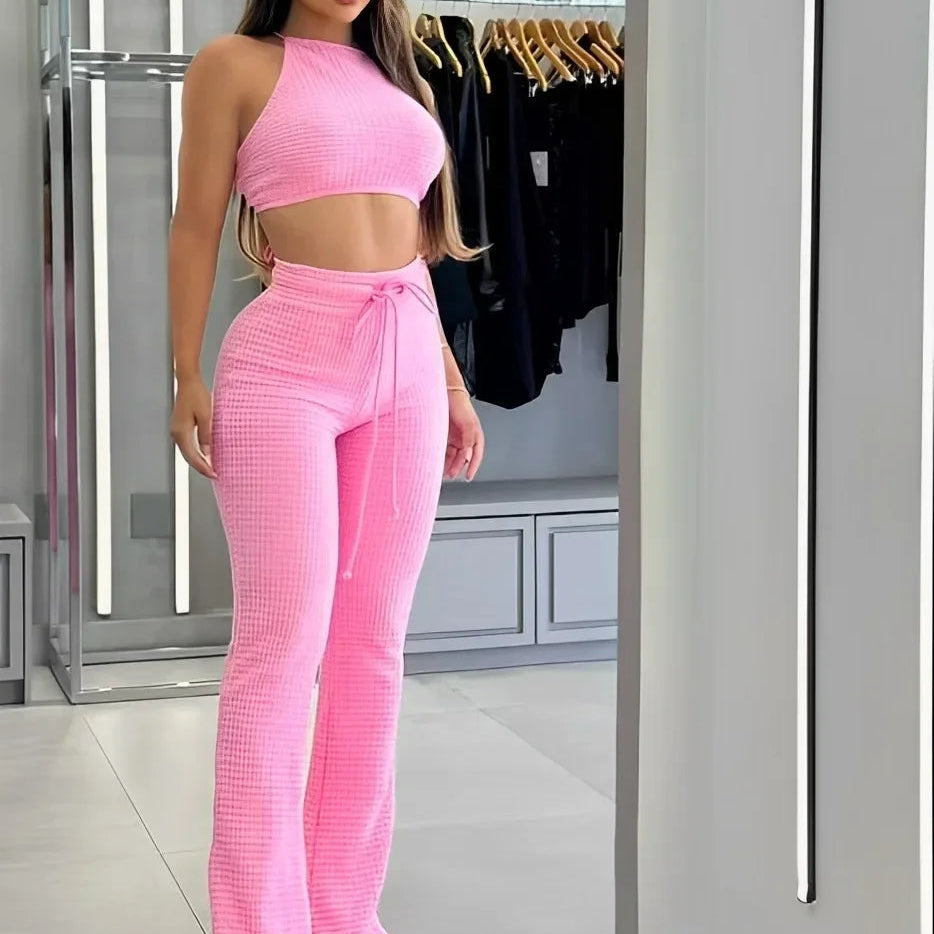Ensemble pantalon long sexy taille haute à texture gaufrée pour femmes