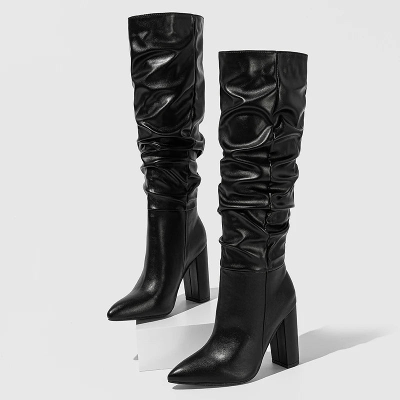 Bottes plissées à talons hauts et épais pour femmes