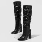 Bottes plissées à talons hauts et épais pour femmes