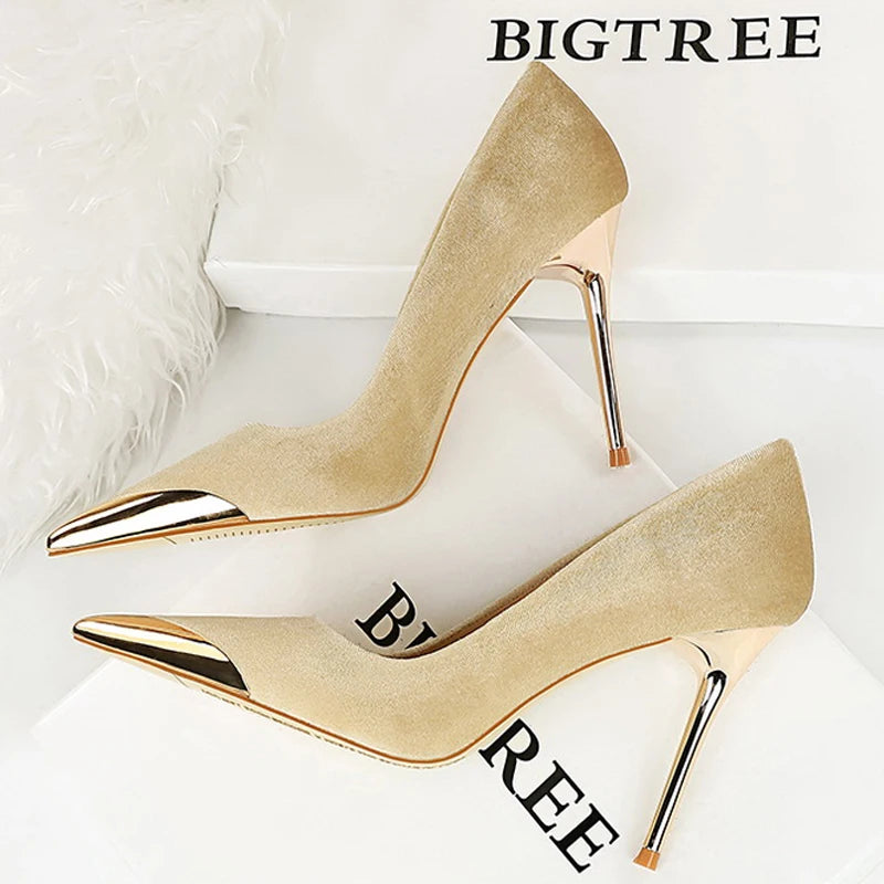 Chaussures de luxe femmes pompes en métal pointu talons hauts pour femmes