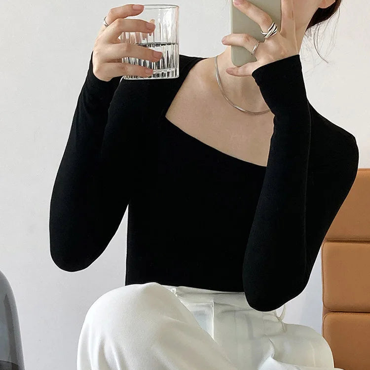 T-shirt à manches longues et col carré pour femmes