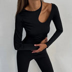 T-shirt à manches longues irrégulier ajouré pour femmes