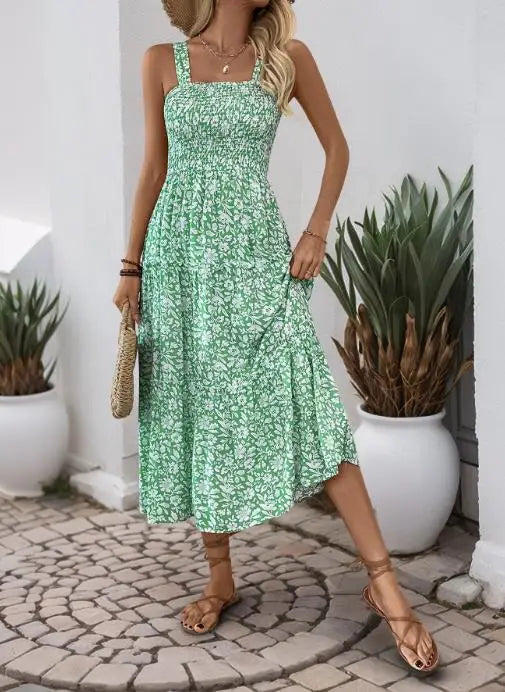 Robe d'été à imprimé Floral, avec col carré et cintré à la taille pour femmes