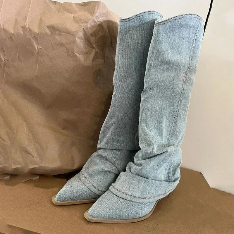 Bottes en jean plissé et à talons épais pour femmes