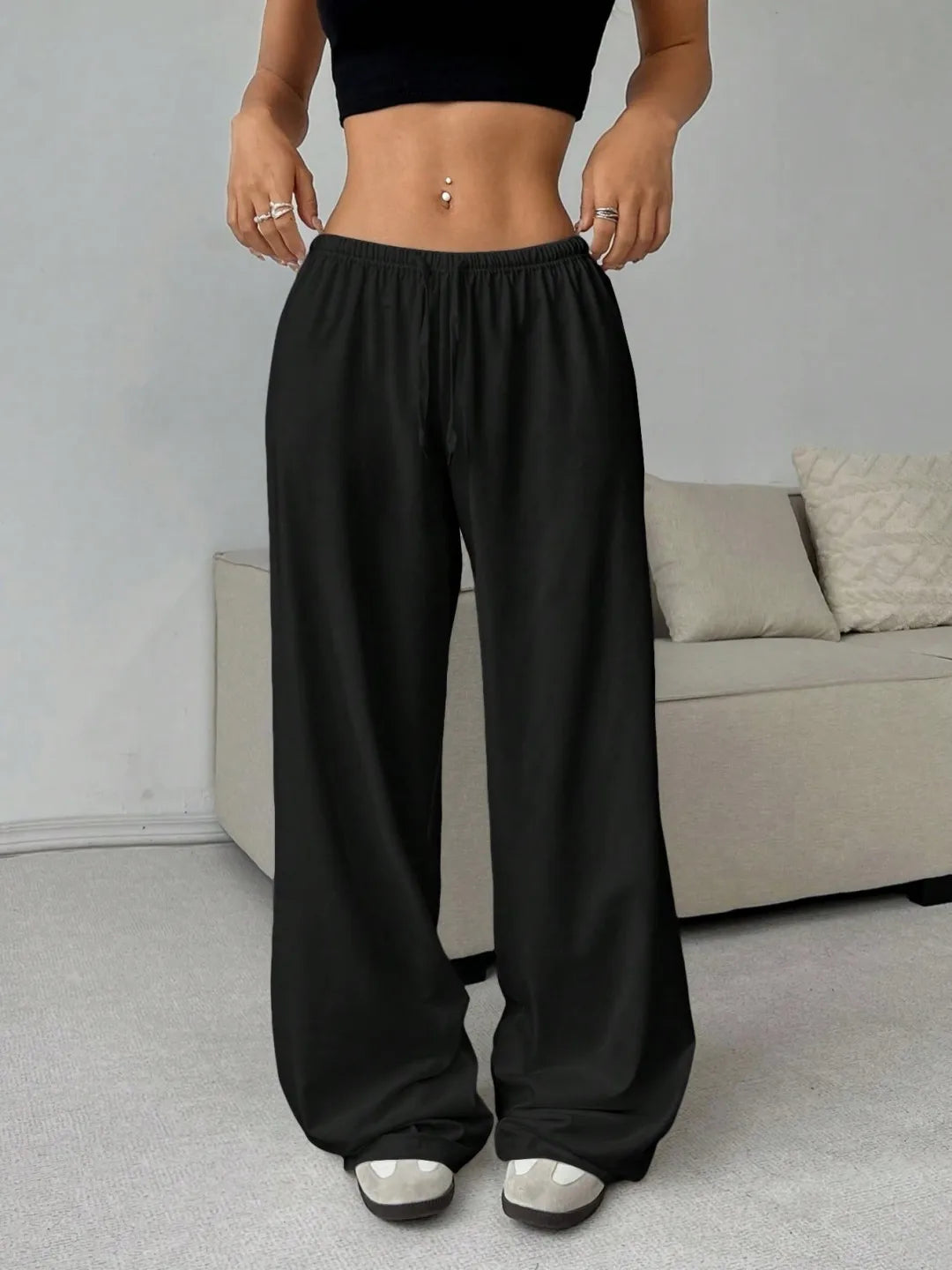 Pantalons décontractés unis à taille élastique et jambes larges pour femmes