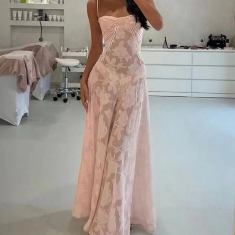 Robe longue en dentelle à bretelles spaghetti pour femmes