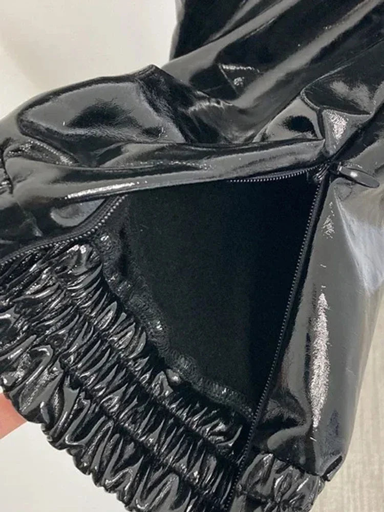 Pantalon Cargo en Similicuir Brillant à Taille Élastique