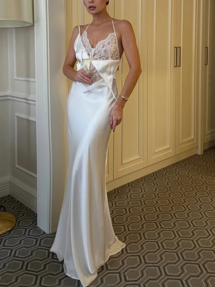 Robe longue à bretelles fines en dentelle ajourée pour femmes