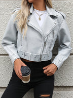 Veste court vintage bleu pu faux cuir pour femmes