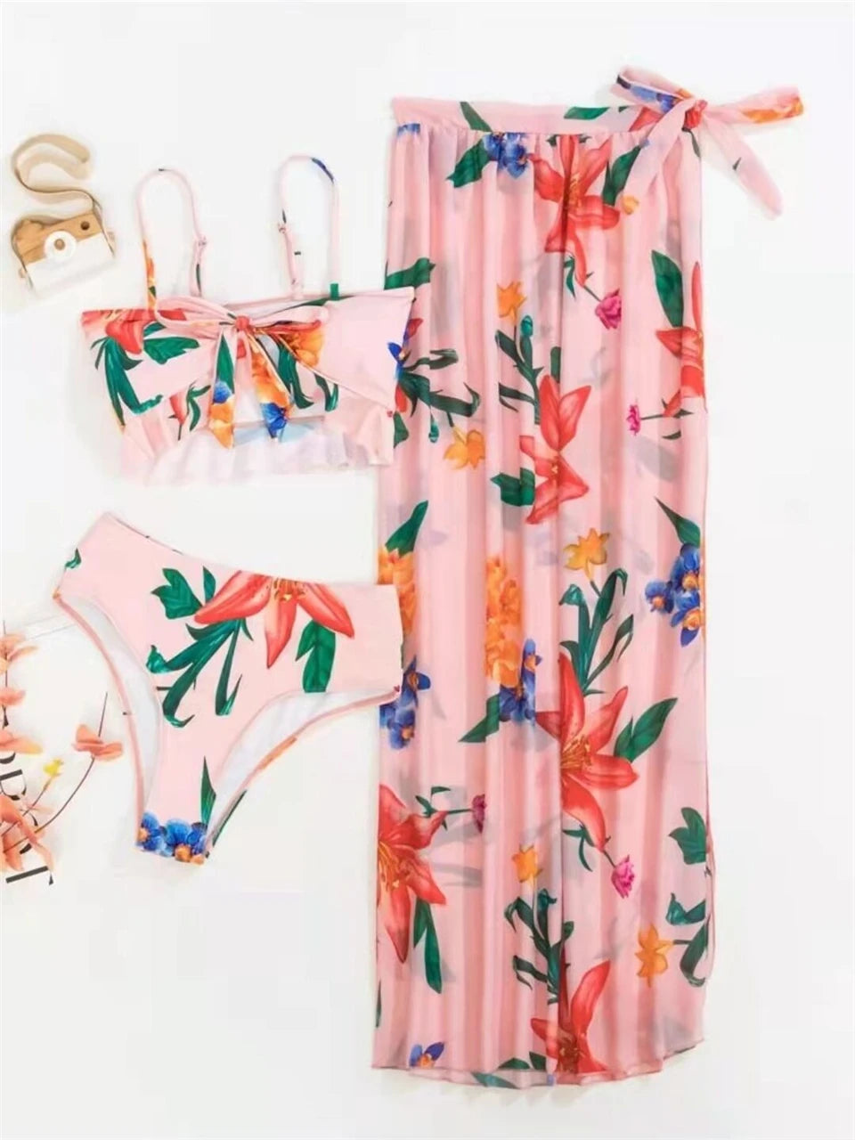 Maillot de bain 3 pièces à cordon de serrage pour femmes