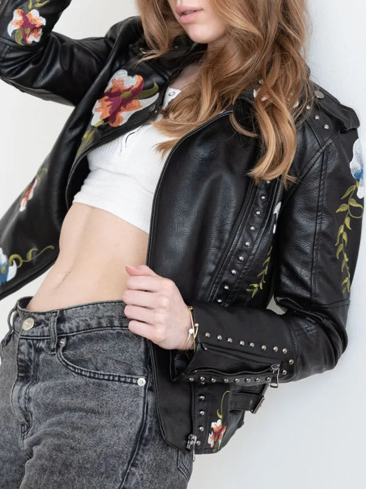 Veste courte imprimé floral vintage en similicuir pour femmes
