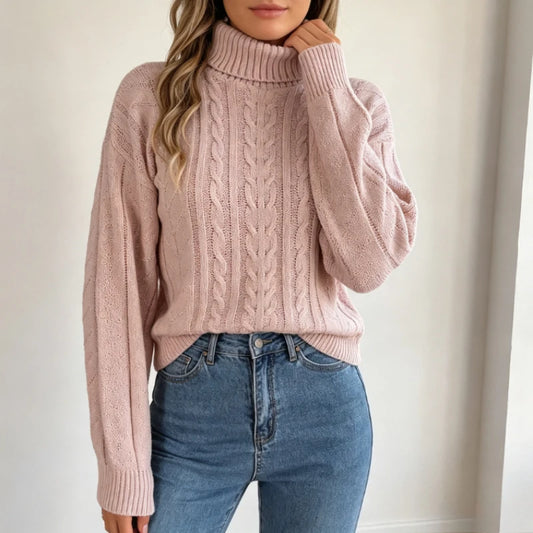 Pull Col Roulé Femme – Maille Torsadée