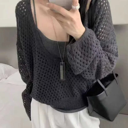 Ensemble 2 Pièces Femme – Gilet en Maille et Chemisier Ajouré
