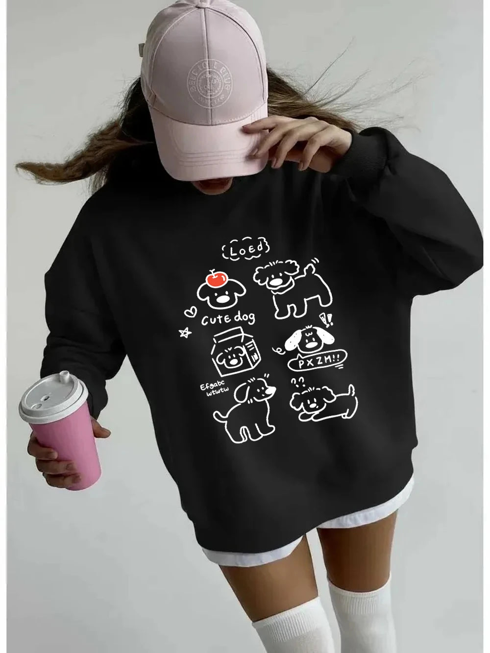 Sweat-shirts à imprimés de chiens mignons de dessins animés coréens pour femmes