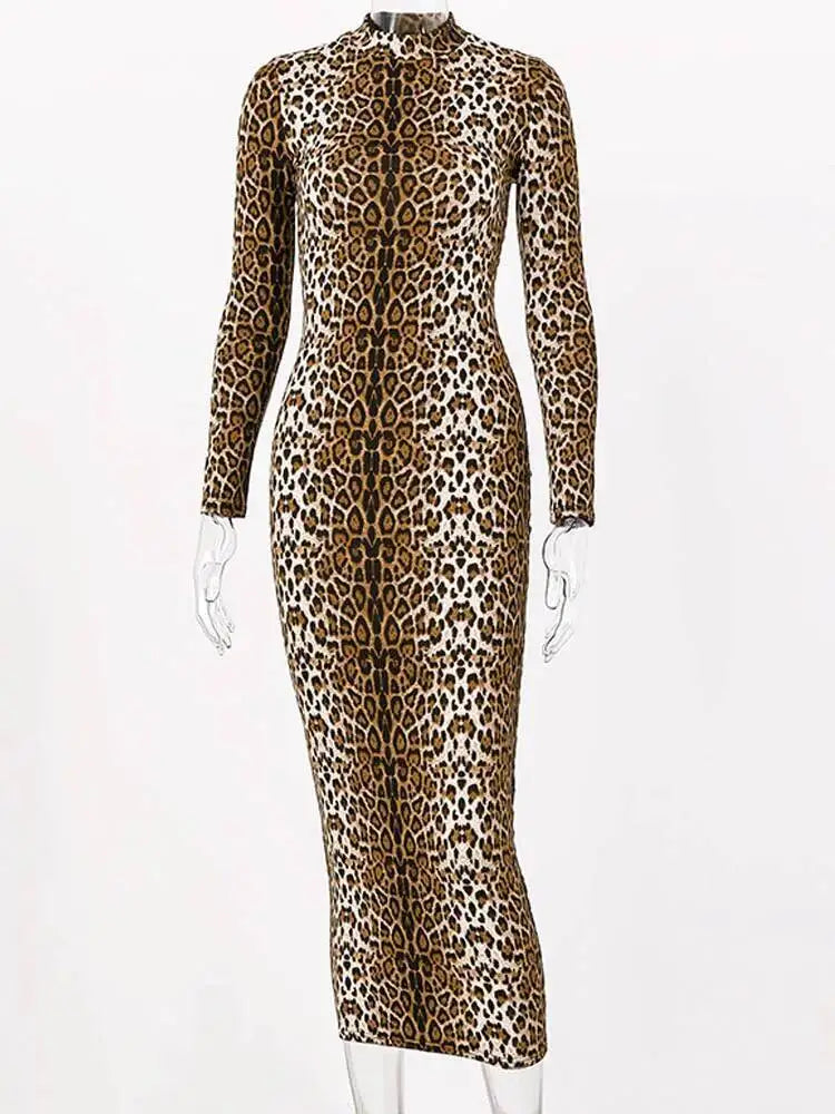 Robe imprimée léopard à manches longues pour femmes