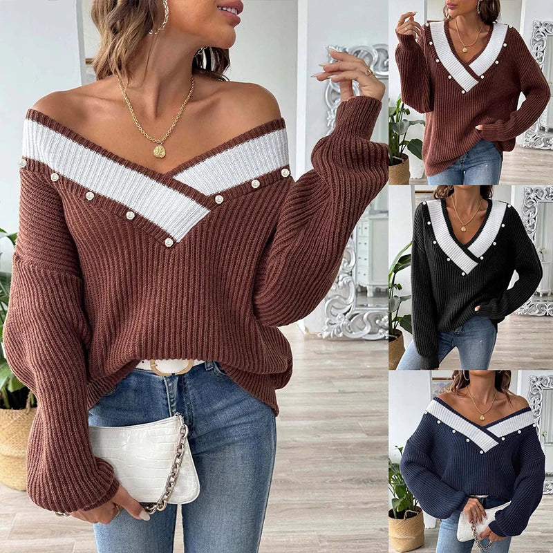 Pull femme oversize en maille col V à boutons perlés