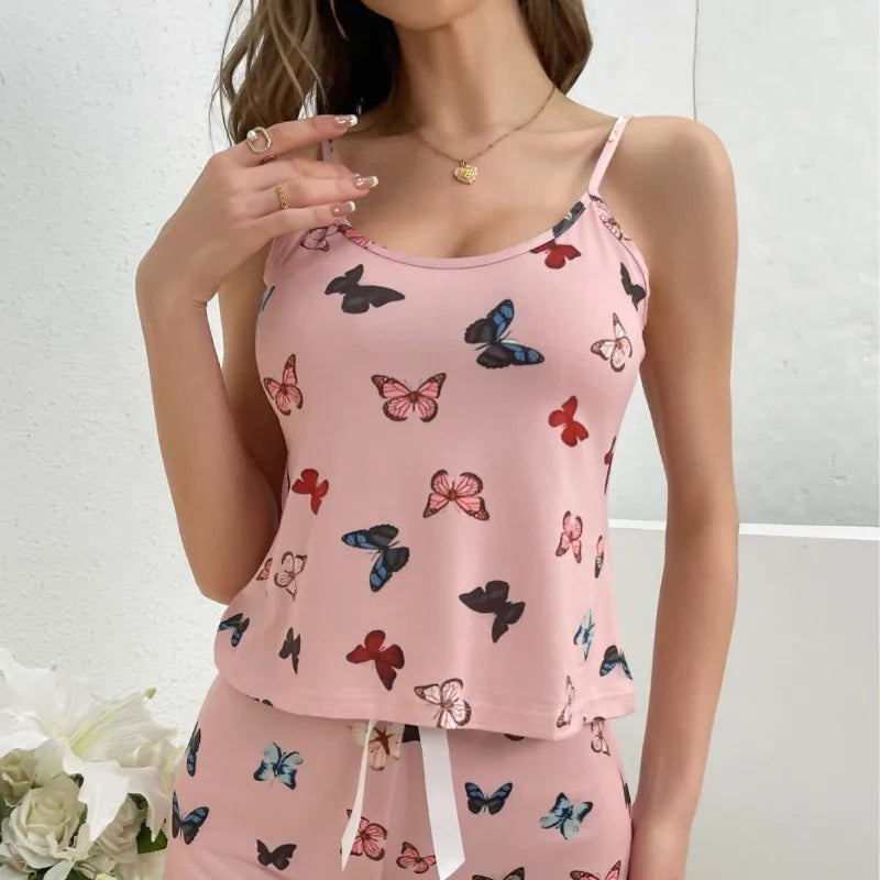 Ensemble de pyjama imprimé papillons ave haut à bretelles et short pour femmes