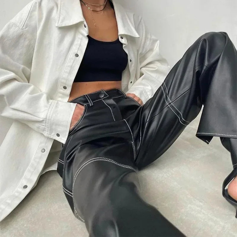 Pantalon Droit Taille Haute en Similicuir avec Poches