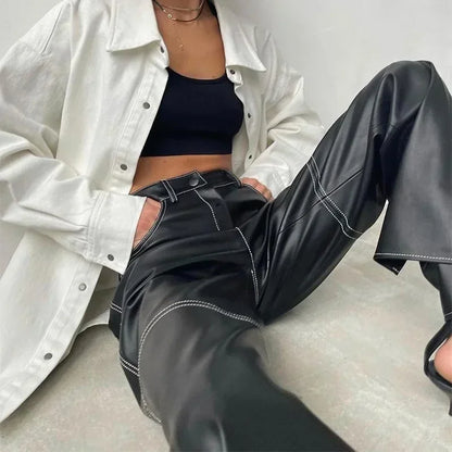 Pantalon Droit Taille Haute en Similicuir avec Poches