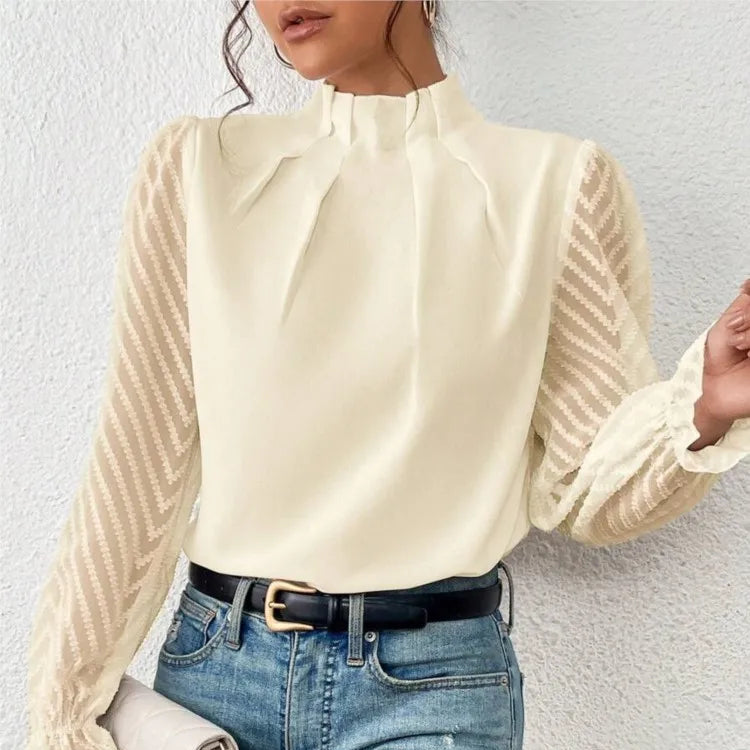 Chemise en dentelle plissée et manches longues pour femmes