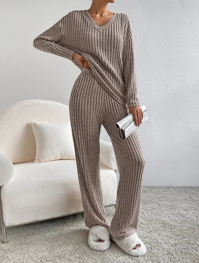Ensembles 2 pièces pantalons décontractés à jambe droite + hauts élégants en maille à rayures  pour femmes