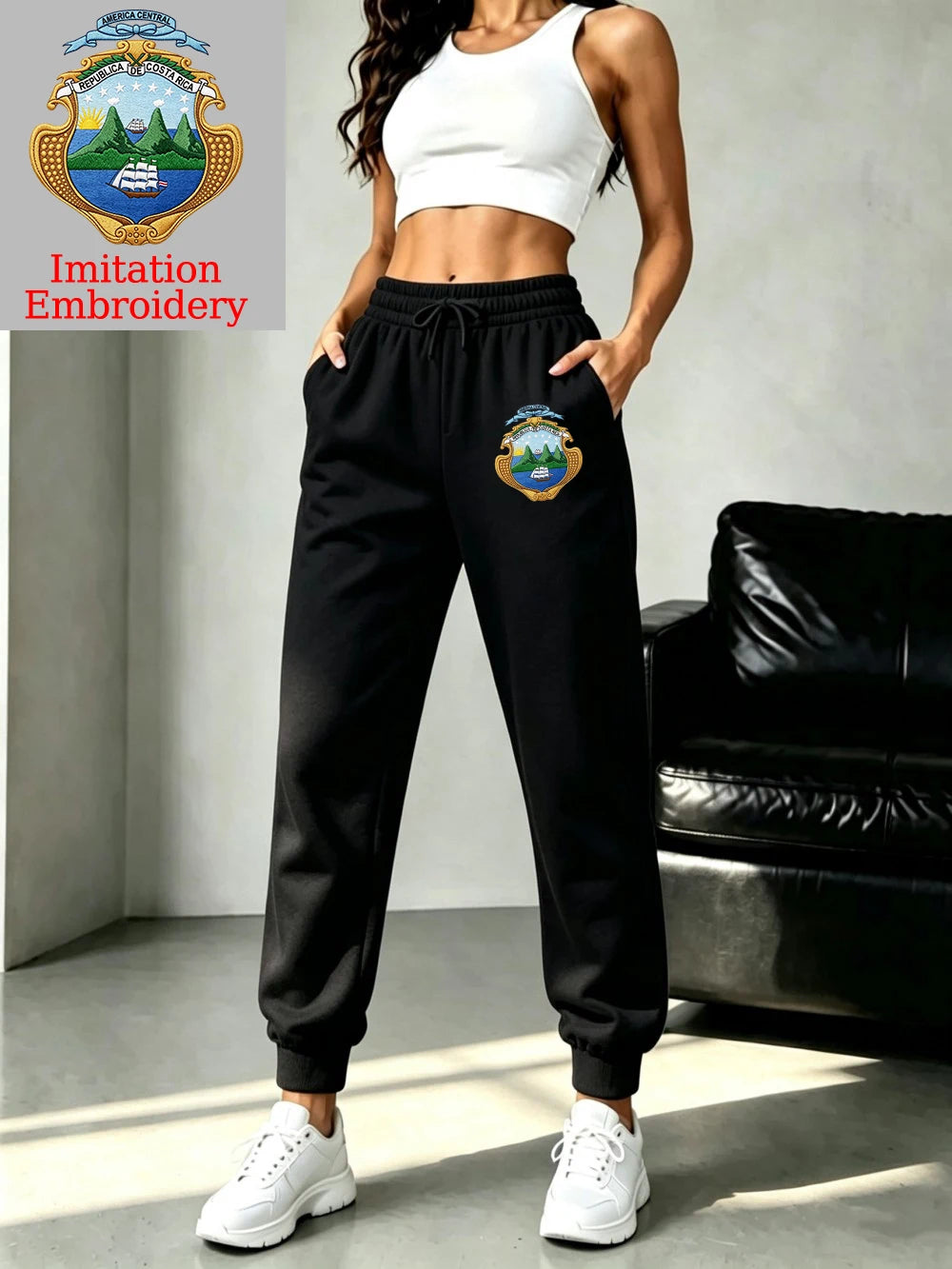 Pantalon de jogging basique en polaire à taille élastique imprimé emblème du Costa Rica pour femmes