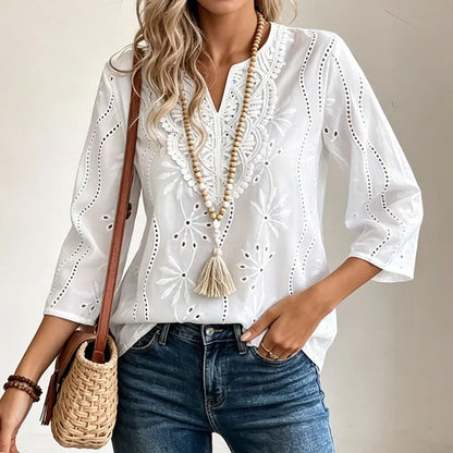 Chemisier Blanc Femme – Col V, Broderie Ajourée et Dentelle