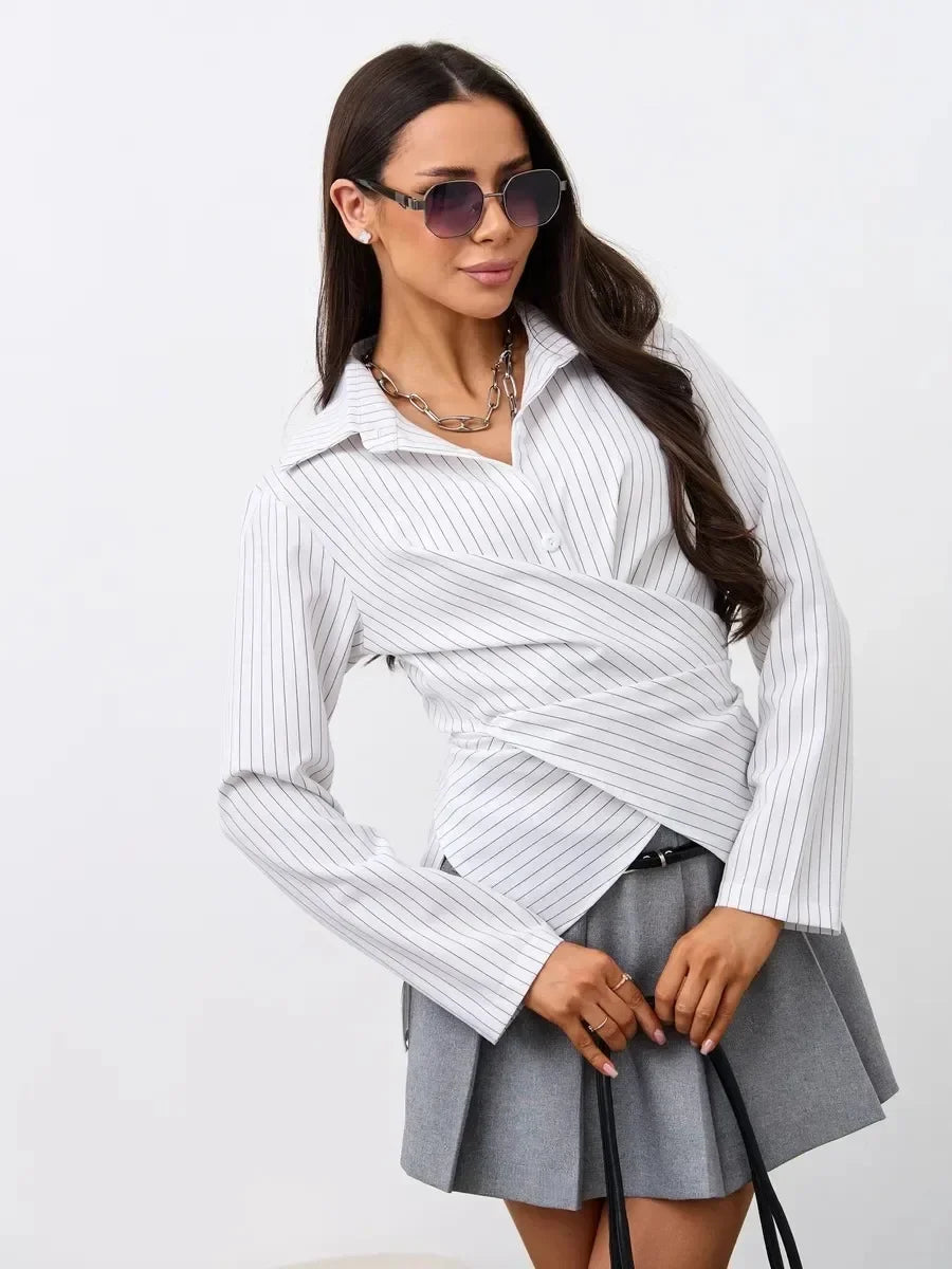 Chemise Rayée Femme – Col à Revers et Blocs de Couleurs