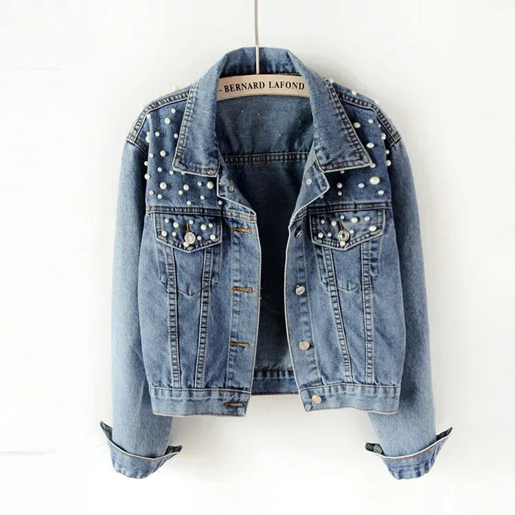 Veste en jean courte et amincissante à perles pour femmes