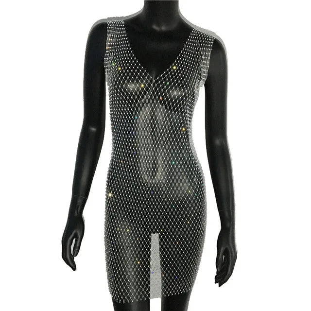 Robe de soirée en résille scintillante, strass, paillettes pour femmes