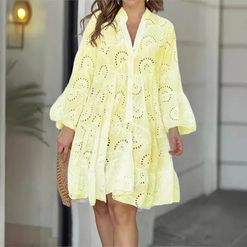 Robe longue en dentelle Jacquard brodée blanche au Crochet pour femmes