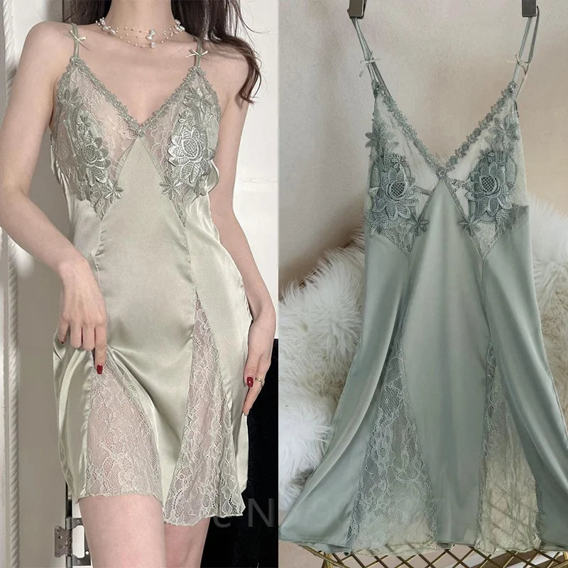 Robe de nuit Sexy en Satin ajouré et bretelles en dentelle pour femmes