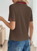 T-shirt décontracté polyvalent à manches courtes et col rabattu rayé rétro pour femmes
