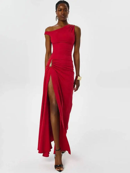 Robe Longue Asymétrique Femme – Une Épaule et Fente Haute