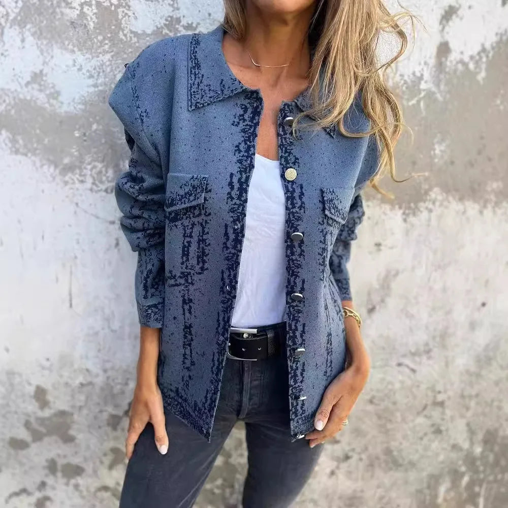 Veste en tricot à col rabattu multicolore avec boucle métallique pour femmes