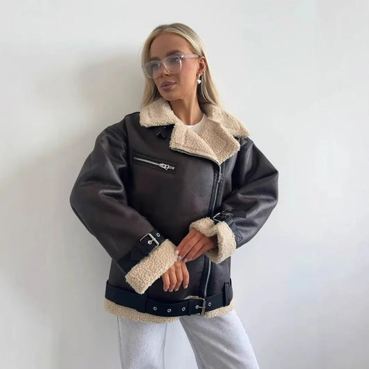 Veste Réversible Femme – Effet Cuir et Fourrure