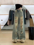 Jean déchiré taille haute à jambe large pour femmes
