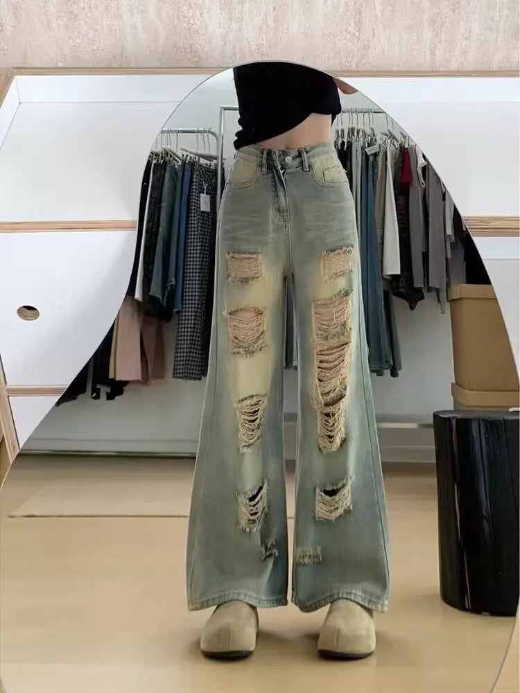 Jean déchiré taille haute à jambe large pour femmes
