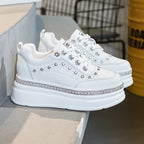 Baskets en cuir véritable compensée et strass pour femmes