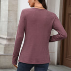 T-shirt à manches longues ample uni avec boutons pour femmes