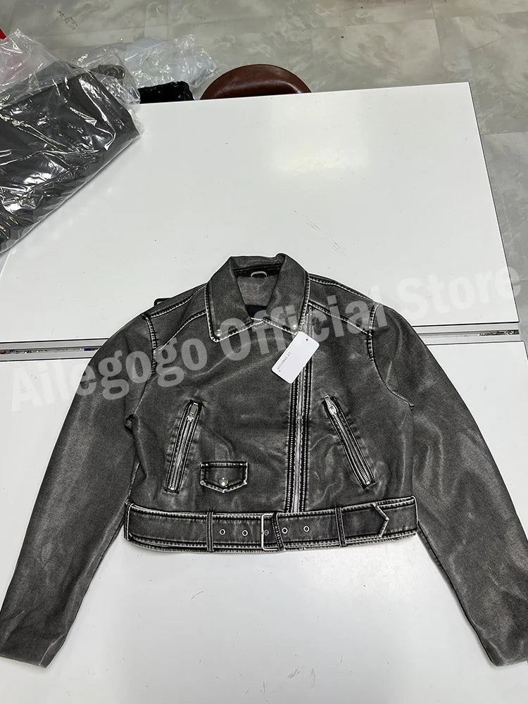 Veste courte en similicuir PU vintage pour femmes
