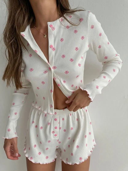 Pyjama Fleuri Femme – Haut Côtelé Manches Longues et Short