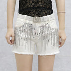 Short en jean noir à paillettes et pompons pour femmes