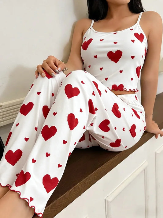 Pyjama Femme – Caraco à Volants et Pantalon à Cœurs Rouges