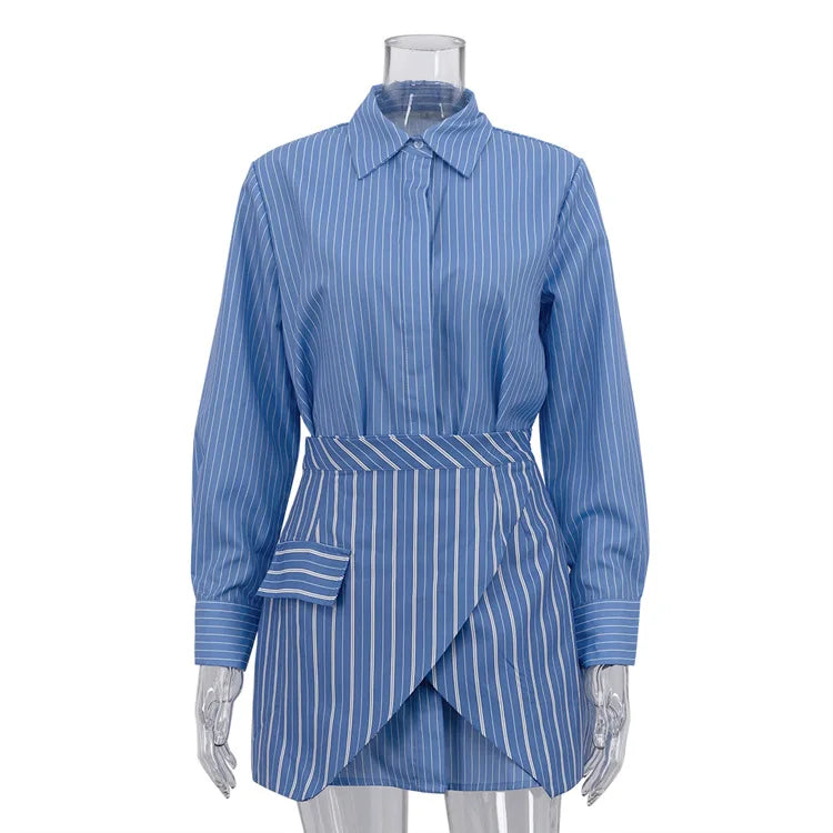 Ensemble deux pièces jupe rayée et chemise à manches longues pour femmes