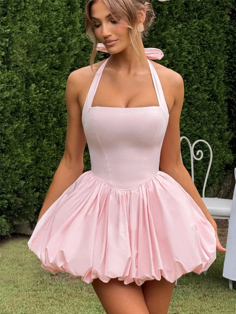 Robe courte bouffante sans manches à lacets pour femmes