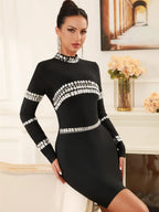 Robe de soirée mini noire élégante à manches longues, ornée de diamants et de perles pour femmes