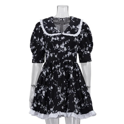 Robe d’Été Noire Femme – Imprimé et Col Claudine