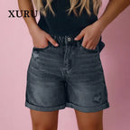 Short en jean à franges déchirées taille haute pour femmes