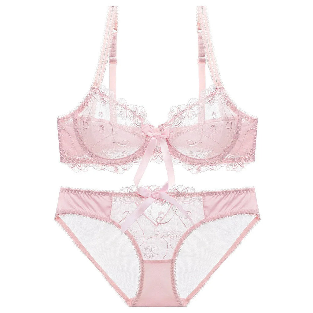 Ensemble de soutien-gorge transparent en dentelle avec nœud ultra-fin et culotte pour femmes